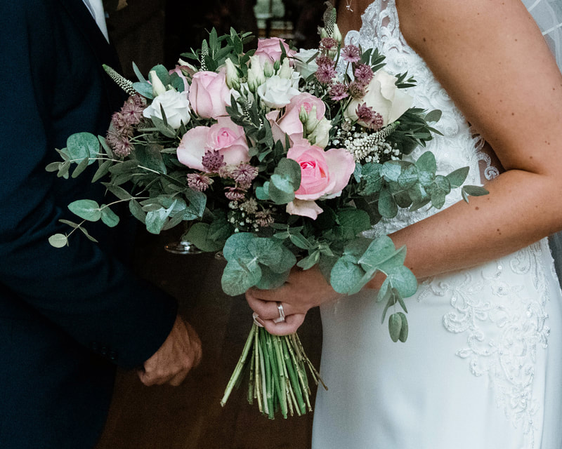Cotswold, pink rose and eucalyptus wedding bouquet