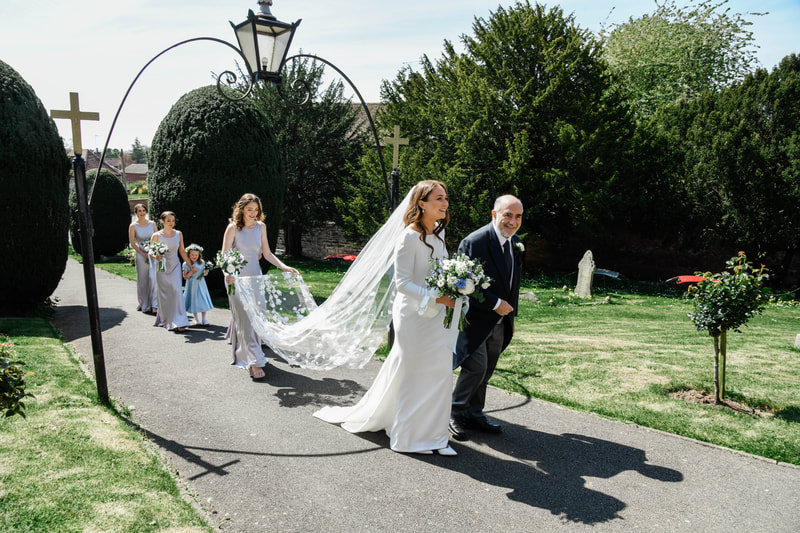 Cubbington church entry, bride in classic , Jesus Pier wedding gown - bridal warwickshire